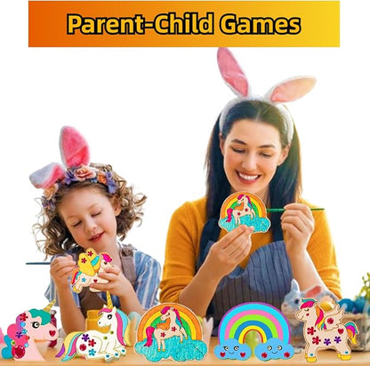398 Pcs Unicorn Crafts, Wooden Painting Crafts for Kids, Wooden Crafts With 30 Wooden Blocks 354 Rhinestones 12 Color Pens 2 Stickers, Kids Crafts, DIY Crafts and Birthday Party Gifts for Kids