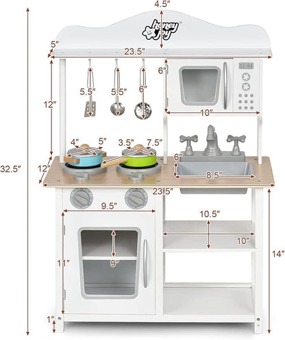HONEY JOY Kids Wooden Kitchen Playset with Microwave, Sink, Stove & Oven, Cooking Accessories, Storage Shelf, Pretend Play Toy Kitchen Set, Gift for Boys Girls