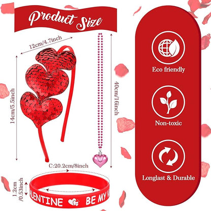 36 Pieces Valentine's Day Party Favors Set Includes 8 Valentines Heart Sequin Headbands 8 Heart Shaped Pendant Bead Necklaces 20 Silicone Bracelets Gifts for Valentine's Day Costume Party Accessory