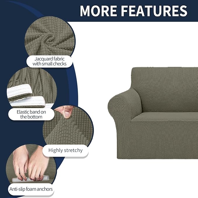 2025 New Stretch Loveseat Sofa Slipcovers Couch Cover for 2 Cushion Furniture Protector Sofa Covers with Elastic Bottom Jacquard Fabric Small Checks for Pets, Kids - Khaki