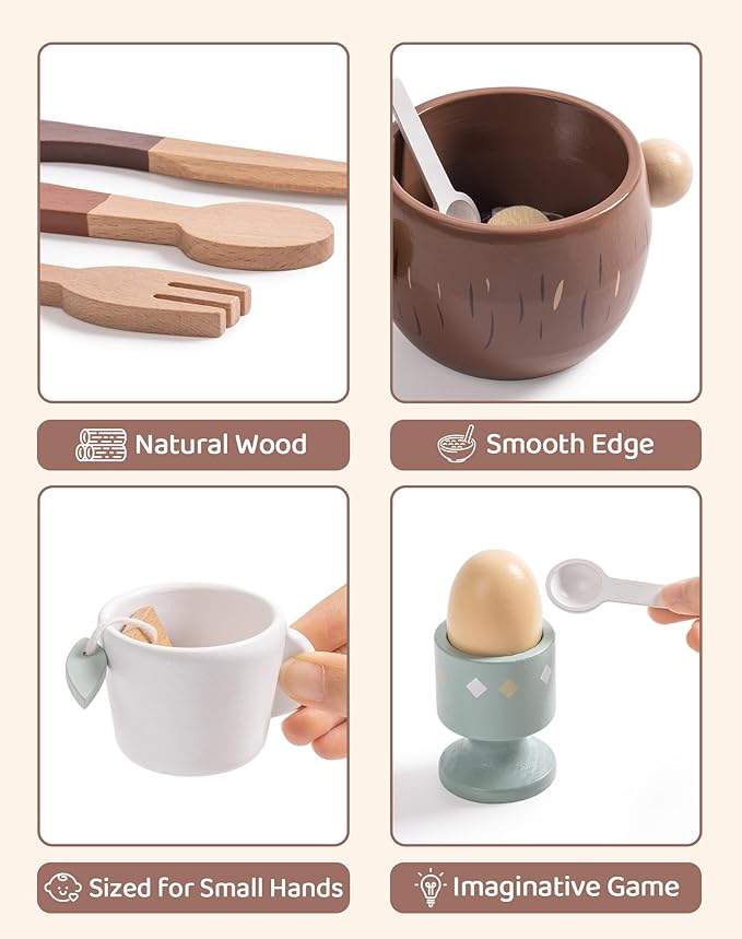 ROBUD 31-Piece Wooden Play Food Set for Kids - Coconut Oats Montessori Kitchen Toys, Educational Pretend Play Dishes with Accessories for Toddlers