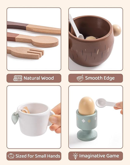 ROBUD 31-Piece Wooden Play Food Set for Kids - Coconut Oats Montessori Kitchen Toys, Educational Pretend Play Dishes with Accessories for Toddlers