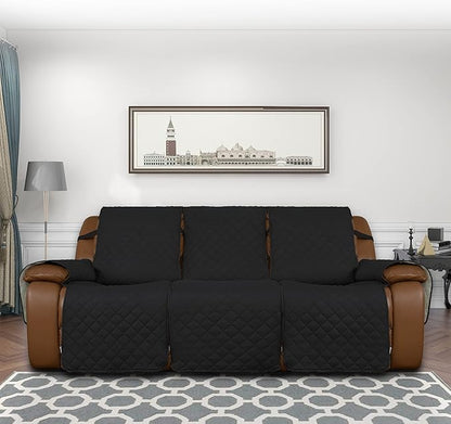 Easy-Going Recliner Sofa Cover, Reversible Couch Cover for 3 Seat Recliner, Split Sofa Cover for Each Seat, Furniture Protector with Elastic Straps for Kids, Dogs, Pets(3 Seater, Black/Beige)