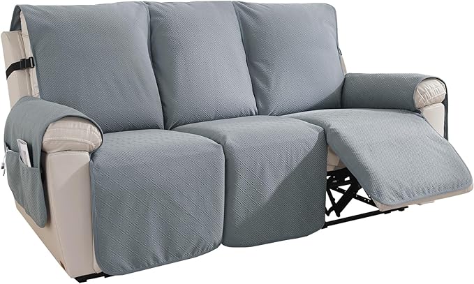 Easehomey Waterproof Recliner Sofa Cover Non-Slip couch cover recliner sofa 3 section with Elastic Band Two Pockets, Washable Couch Covers Furniture Protector for Kids,Dogs (Light Grey, Recliner Sofa)