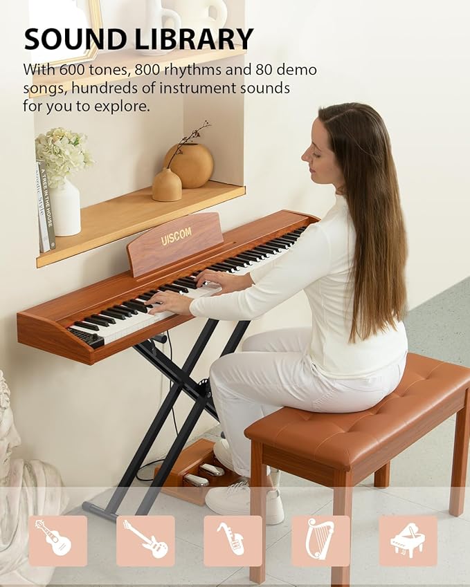 UISCOM 88 Key Digital Piano Keyboard for Beginners - Full Size Semi Weighted Wooden Electric Piano Set with Stand, Triple Pedal, Headphone,Carry Bag - Supports USB-MIDI Connecting (Wood Grain Brown)