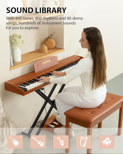 UISCOM 88 Key Digital Piano Keyboard for Beginners - Full Size Semi Weighted Wooden Electric Piano Set with Stand, Triple Pedal, Headphone,Carry Bag - Supports USB-MIDI Connecting (Wood Grain Brown)