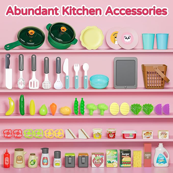 Letapapa Kids Play Kitchen Set, Kitchen Toys with Realistic Sound & Light, Cooking Stove, Sink, Play Food and Kitchen Accessories, Kitchen Playset Gifts for Toddlers Girls Boys(Red)