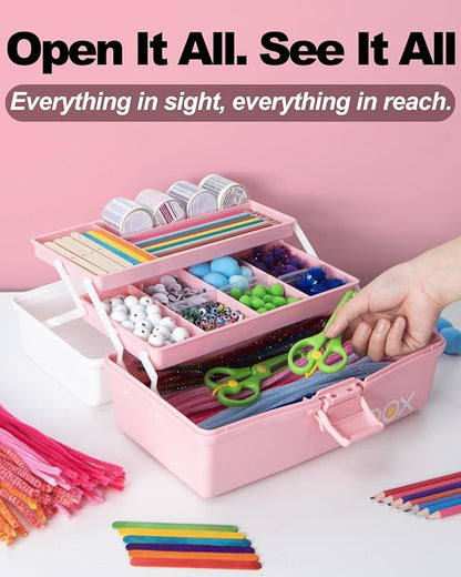 TERGOO 12in 3-Layer Plastic Craft Organizers and Storage, Portable Folding Tackle Box with Handle & Adjustable Dividers, Multipurpose Case for Sewing, Art Supplies, Medicine, Tools (White Pink)