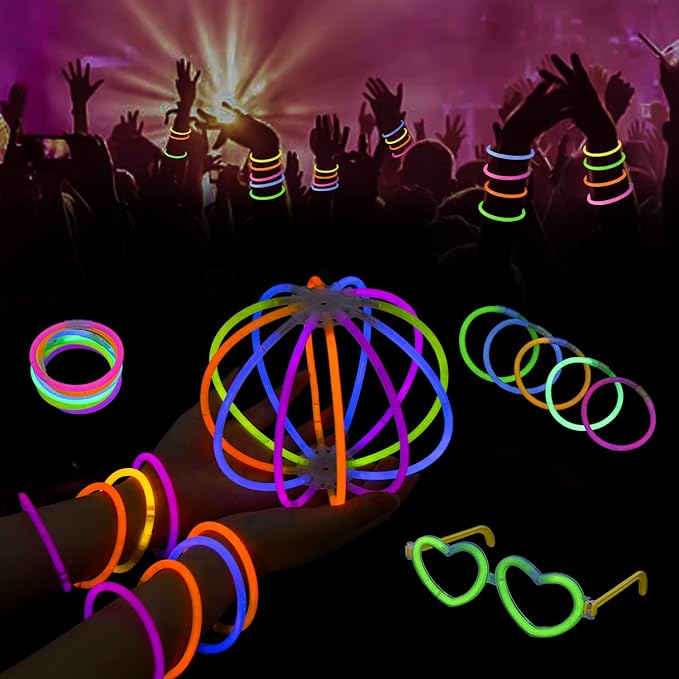 LOMIMOS Glow Sticks Party Pack,100 Glow Sticks(8") 20 Eye Glasses Glow in The Dark Party Supplies with Connectors for Bracelets Necklaces Kids