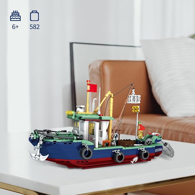 Fishing Boat Building Blocks Sets, Compatible with Lego Boat Sea Fishing Building Blocks Toy Set Collection Decoration, Gifts for Boys and Girl Ages 6-12 Years Old and up, 582 Pcs
