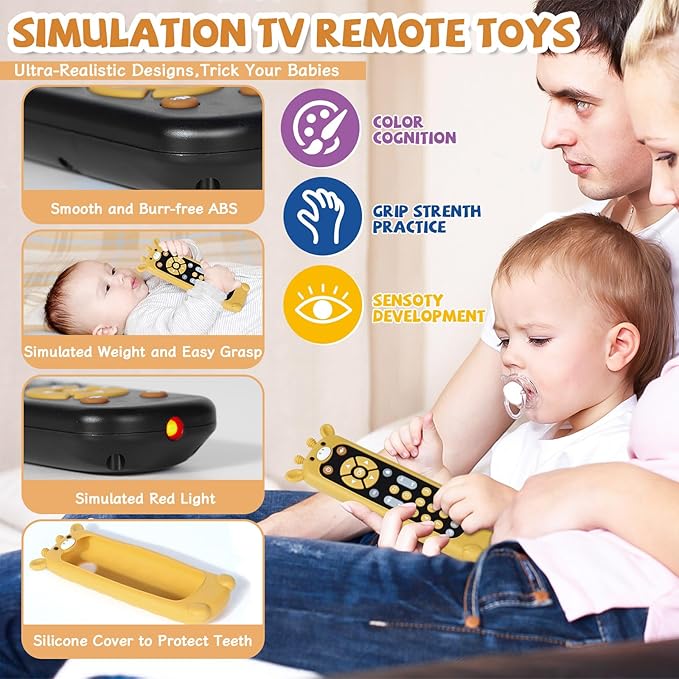 Orzbow Baby Remote Control Toy for 6 Month+ with Silicone Teether Cover, TV Remote Toy with Realistic Light and Sound - English, French and Spanish for Infant Play Remote Musical Toys, BPA Free, Black