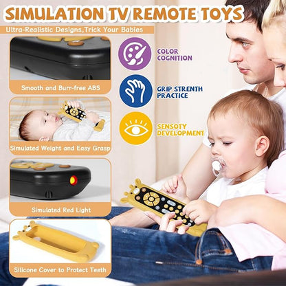 Orzbow Baby Remote Control Toy for 6 Month+ with Silicone Teether Cover, TV Remote Toy with Realistic Light and Sound - English, French and Spanish for Infant Play Remote Musical Toys, BPA Free, Black