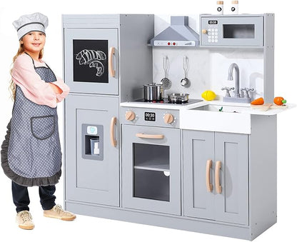 Play Kitchen for Kids, Wooden Play Kitchen with Toy Storage System, Toy Kitchen Set with Plenty of Play Features, Gift for Ages 3+,Grey