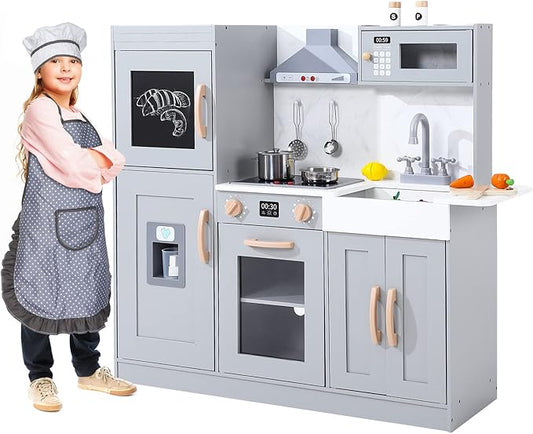 Play Kitchen for Kids, Wooden Play Kitchen with Toy Storage System, Toy Kitchen Set with Plenty of Play Features, Gift for Ages 3+,Grey
