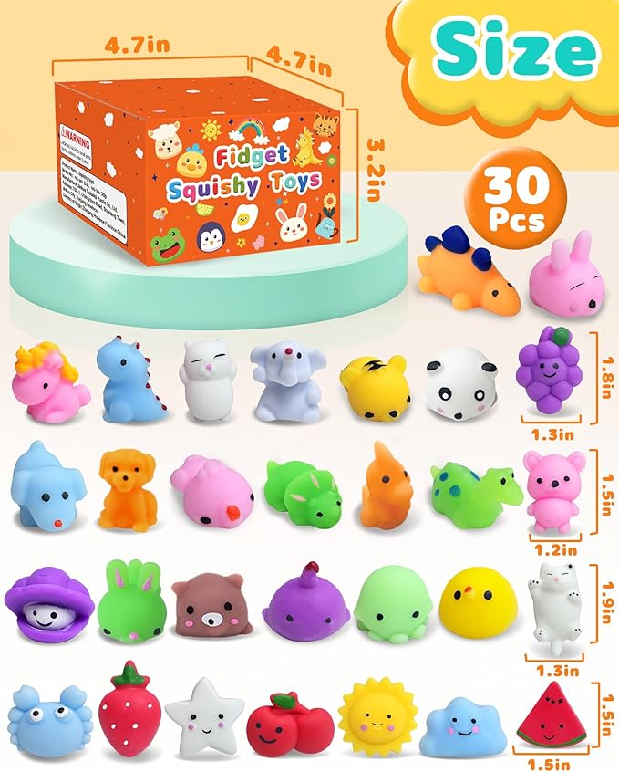 30 Pack Squishy Toys, Random Kawaii Party Favors for Kids 3-5, 4-8, 8-12, Treasure Box Toys for Classroom Prizes, Mini Birthday Gifts Goodie Bag Stuffers Bulk Fidget Squeeze Toy