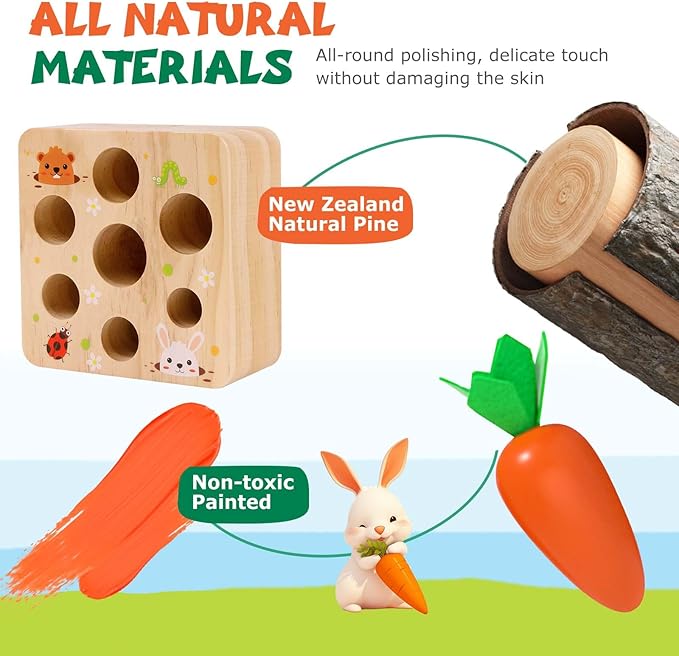 Montessori Toys for 1 Year Old, Montessori Baby Carrots Toy for 6-12 Months, Educational Wooden Carrot Harvest Game for Shape Sorting & Easter Toys, Birthday Gifts for Babies Boys Girls