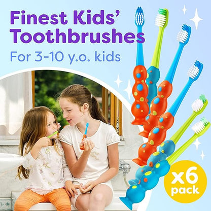 Trueocity Kids Toothbrush 6 Pack - Soft Contoured Bristles - Child Sized Brush Heads (3-10 Year Old) - Suction Cup for Fun & Easy Storage - Girl & Boy Set (6-Pack, Blue & Orange)