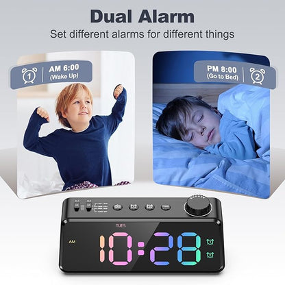 ANJANK Digital FM Radio Alarm Clock for Bedroom, 6.5'' Large Colorful Display for Kids Teens, Weekday/Weekend Dual Alarm, 0-100% Dimmable Brightness, Small Desk Clock with USB Charging Port