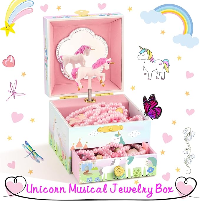 RR ROUND RICH DESIGN Music Jewelry Box with Drawer for Girls Foil Gold Unicorn Theme Spinning Playback the Tune for Beautiful Dream Song Pink-Green