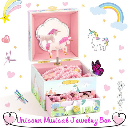 RR ROUND RICH DESIGN Music Jewelry Box with Drawer for Girls Foil Gold Unicorn Theme Spinning Playback the Tune for Beautiful Dream Song Pink-Green