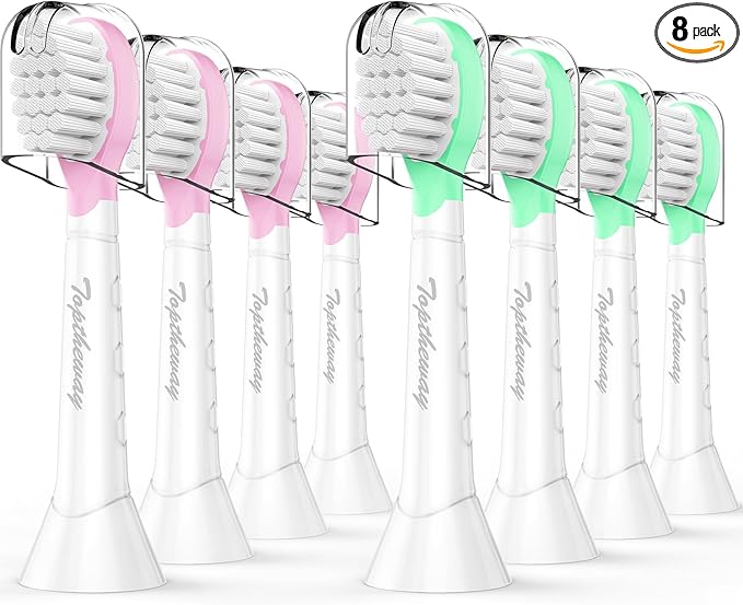 Toptheway Kids Toothbrush Heads for Philips Sonicare: Soft Electric Replacement Brush Compatible with Phillips 6032/94 6321 6340 6042 6320 6330 Compact Head for Child 3-7, Pink Girl Green Boy 8 Pack