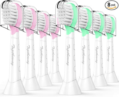 Toptheway Kids Toothbrush Heads for Philips Sonicare: Soft Electric Replacement Brush Compatible with Phillips 6032/94 6321 6340 6042 6320 6330 Compact Head for Child 3-7, Pink Girl Green Boy 8 Pack