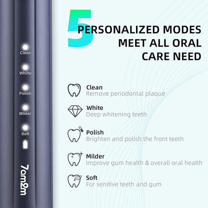 7AM2M Sonic Electric Toothbrush for Adults and Kids, with 8 Brush Heads and Travel Case,5 Modes with 2 Minutes Build in Smart Timer, One Charge Use for 90 Days, Rechargeable Toothbrushes (Navy Blue)