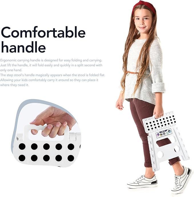 Delxo 13" Folding Step Stool for Kids and Adults, Non-Slip Foldable Step Stools with Handle,Plastic Portable Folding Stool for Bathroom,Bedroom,Kitchen,Hold up to 300lbs White