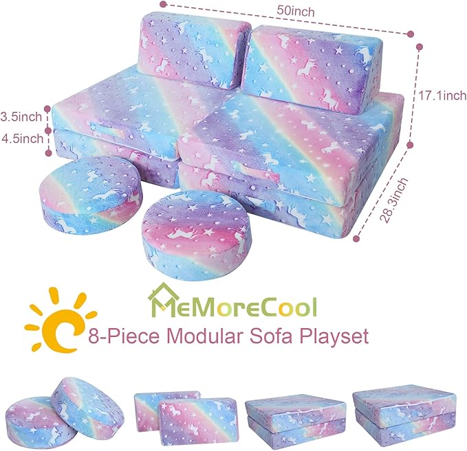 MeMoreCool Modular Glow Sofa for Kids, 8-Piece Convertible Foam Couch Play Set with Unicorn, Rainbow, and Star Pattern for Toddlers and Playroom