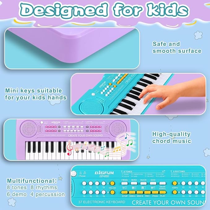 Keyboard Piano for Kids, BIGFUN 37 Keys Toddler Piano Multifunction Music Educational Instrument Toy, Electronic Kids Keyboard Set for 3-7 Year Old Girls and Boys (2PCS, Purple + Blue)