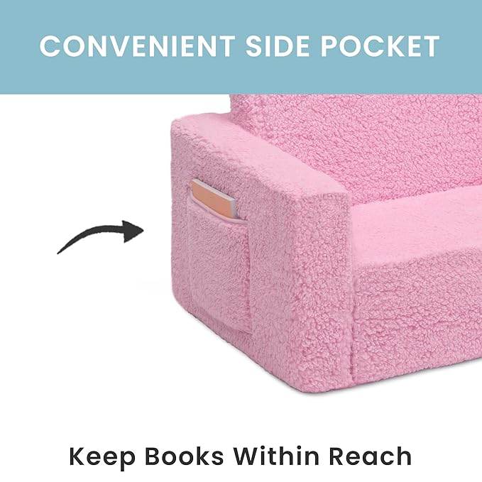 Delta Children Cozee Flip-Out Sherpa 2-in-1 Convertible Sofa to Lounger for Kids, Pink