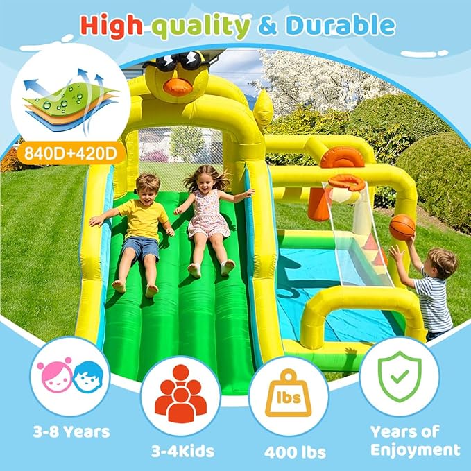Baralir Duck-Themed Inflatable Bounce House with Extra Wide Slide & Climbing Wall, Basketball Hoop, Ring Toss, Punching Bag, 2-in-1 Splash Pool/Ball Pit - Indoor/Outdoor Jumping Castle for Toddlers