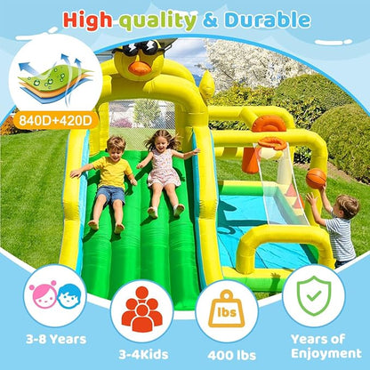Baralir Duck-Themed Inflatable Bounce House with Extra Wide Slide & Climbing Wall, Basketball Hoop, Ring Toss, Punching Bag, 2-in-1 Splash Pool/Ball Pit - Indoor/Outdoor Jumping Castle for Toddlers