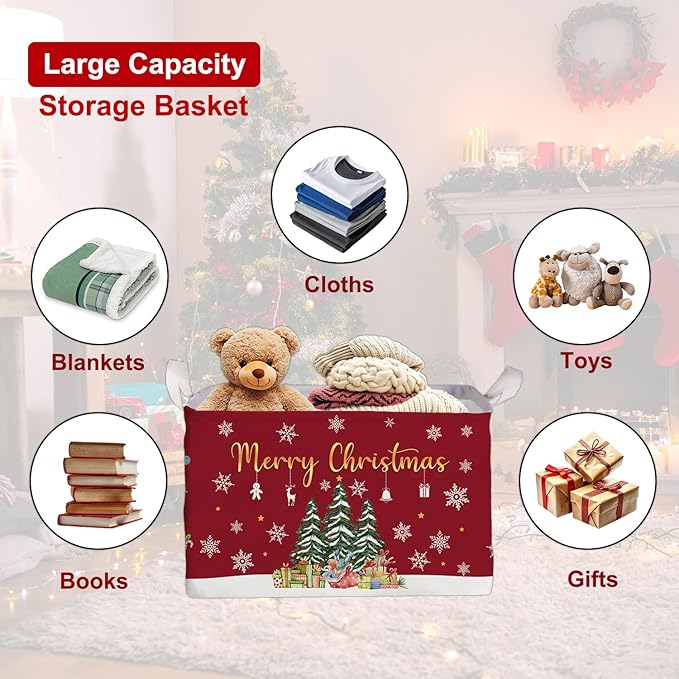 Christmas Tree Storage Basket with Snowflakes, Christmas Decorative Clothes Storage Cube for Nursery , Waterproof Rectangular Toy Box for Boys Girls, Christmas Gifts Storage Box, Winter Party Supply