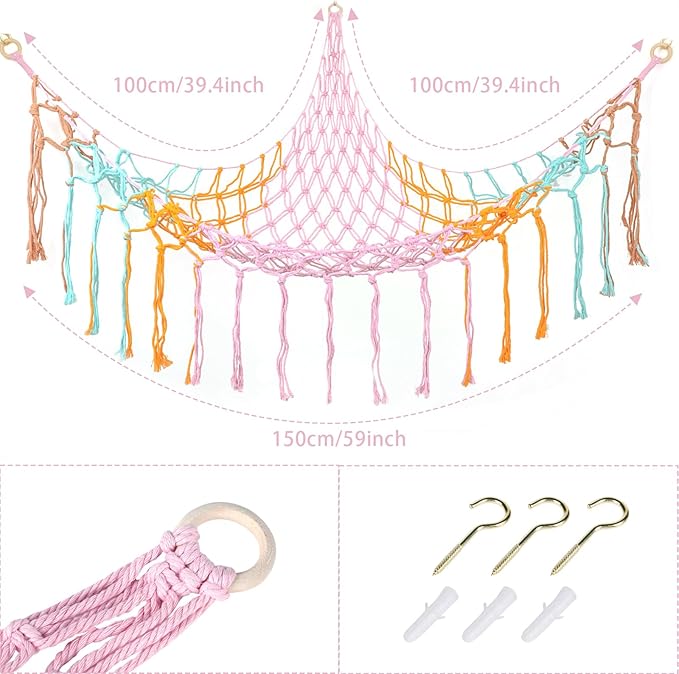 Boho Stuffed Animals Net or Hammock Large,55 inch Toy Hammock Macrame Stuff Animal Storage Corner Hanging Net Holder,Mesh Hammock Plush Toy Organizer with Hooks for Bedroom,Nursery (colorful)