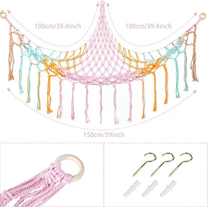 Boho Stuffed Animals Net or Hammock Large,55 inch Toy Hammock Macrame Stuff Animal Storage Corner Hanging Net Holder,Mesh Hammock Plush Toy Organizer with Hooks for Bedroom,Nursery (colorful)