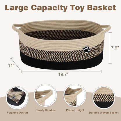Optish Dog Toy Basket, Toy Box and Bin for Dog Cat Storage, 19.7" X 11" X 7.9" (30L) Large Woven Rope Basket for Blanket Storage, Living Room, Bedroom, Black & Brown