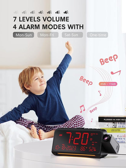 Projection Alarm Clock for Bedroom Ceiling, Digital Clock Projector with Weekday/Weekend Mode, Date, Temperature, Humidity, Type-C USB Charger, Night Light, Dual Alarms, DST, Dimmer,12/24H