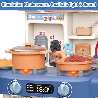 deAO Kids Kitchen Playset 35PCS Play Kitchen Toys Accessories with Sounds Lights,Cooking Stove Steam,Pretend Play for Toddler Aged 3 4 5 6 7 8 Years (Blue)