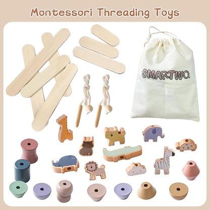 Wooden Animals Threading Toys Lacing Beads for Toddlers 2 3 4 5 Years Old, Stacking Blocks Balance Toy, Educational Preschool Learning Toy, Montessori Activities for Boys & Girls
