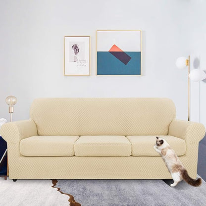 MAXIJIN 4 Piece Jacquard Extra Large Couch Covers for 3 Cushion Couch Super Stretch Non Slip Couch Cover for Dogs Pet Friendly Sofa Slipcover Furniture Protector (Oversized Sofa, Light Beige)