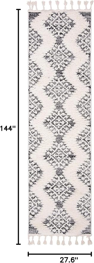 SAFAVIEH Moroccan Tassel Shag Collection Runner Rug - 2'3" x 12', Ivory & Grey, Boho Design, Non-Shedding & Easy Care, 2-inch Thick Ideal for High Traffic Areas in Living Room, Bedroom (MTS652F)