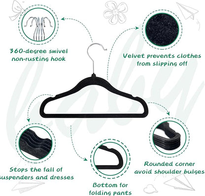 60 Pack Baby Clothes Hangers, 11.6 Inch Non-Slip Velvet Toddler Hangers, Felt Coat Hangers for Kids and Infant Closet Space Saving (Black)