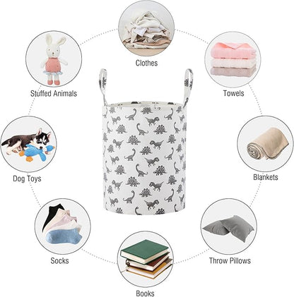 Large Storage Basket for Girls and Boys, Collapsible Laundry Hamper with Long Handles, Toy Bins for Nursery, Kids Room Décor (Grey Dinosaur)