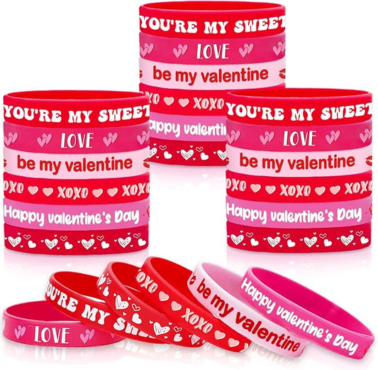 60 Pcs Valentine's Day Silicone Wristband 6 Designs Red Pink Love Heart You're My Sweet Rubber Bracelets for Wedding Anniversary Birthday Party Favor Supplies