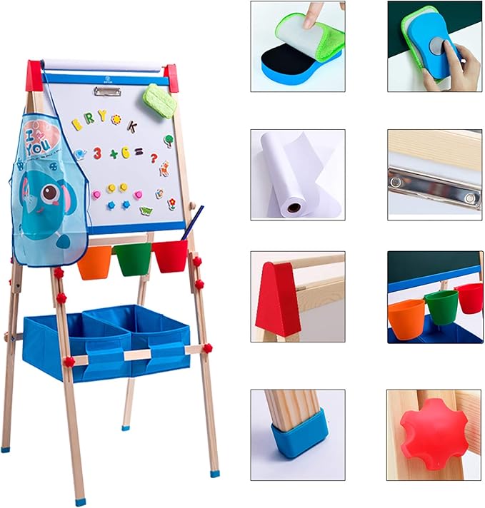 Kid's Art Easel with Adjustable Double-sided Magnetic Board, Paper Roll, Storage and Accessories, Standing Art Easel for Kids (31-55.5 inches)