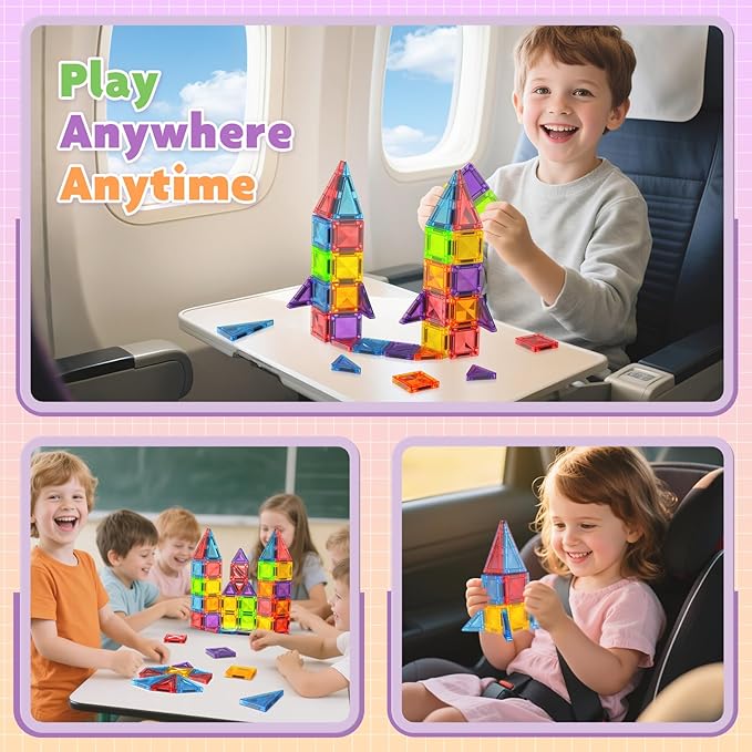 Mini Magnetic Tiles - 56 PCS Travel Magnetic Tiles with Tin, Micro Magnet Travel Toy for Kids Ages 3 4-8, STEM Educational Building Set Construction Toys, Boys Girls Toddlers Birthdays Gifts
