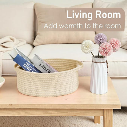 JMvicyroam Woven Basket,Small Rope Storage Bin with Handles & Ribbon Bag, Organizer for Shelves Closets,Gift Basket Empty for Birthday,Books,Dog Toys,Beige/3 Pack