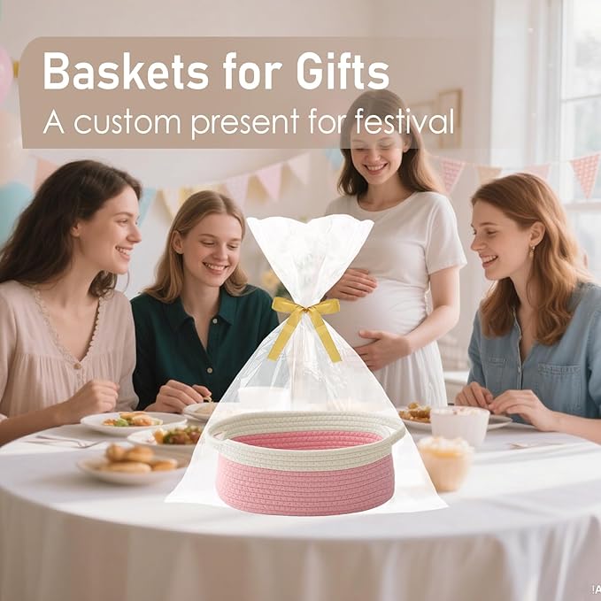 JMvicyroam Woven Basket,Small Rope Storage Bin with Handles & Ribbon Bag, Organizer for Shelves Closets,Gift Basket Empty for Birthday,Books,Dog Toys, White&Pink/3 Pack