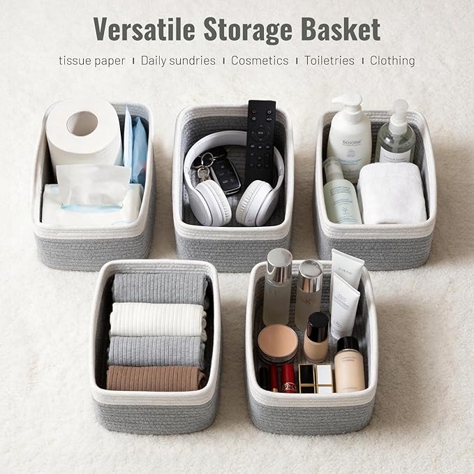 5 Pack Decorative Small Storage Baskets for Shelves, Cotton Rope Woven Basket for Organizing Bathroom, Nursery, Closet, Cabinet, Toys & Socks, Gift Baskets Empty, 11.8"x7.9"x4.7", Gray/White